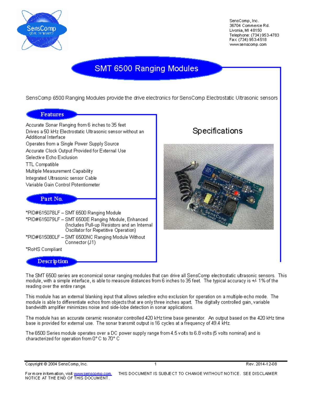 6500 ranging modules spec - Copyright © 2004 SensComp, Inc. 1 Rev. 2014 ...