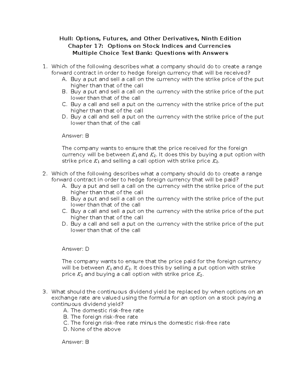 Hull ofod9e multiple choice questions and answers ch17 - Hull: Options ...