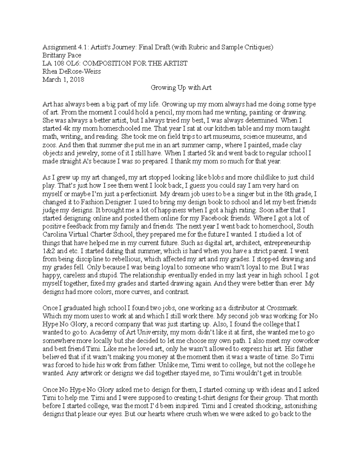Assignment 4.1 Artist's Journey Final Draft - Assignment 4: Artist's ...