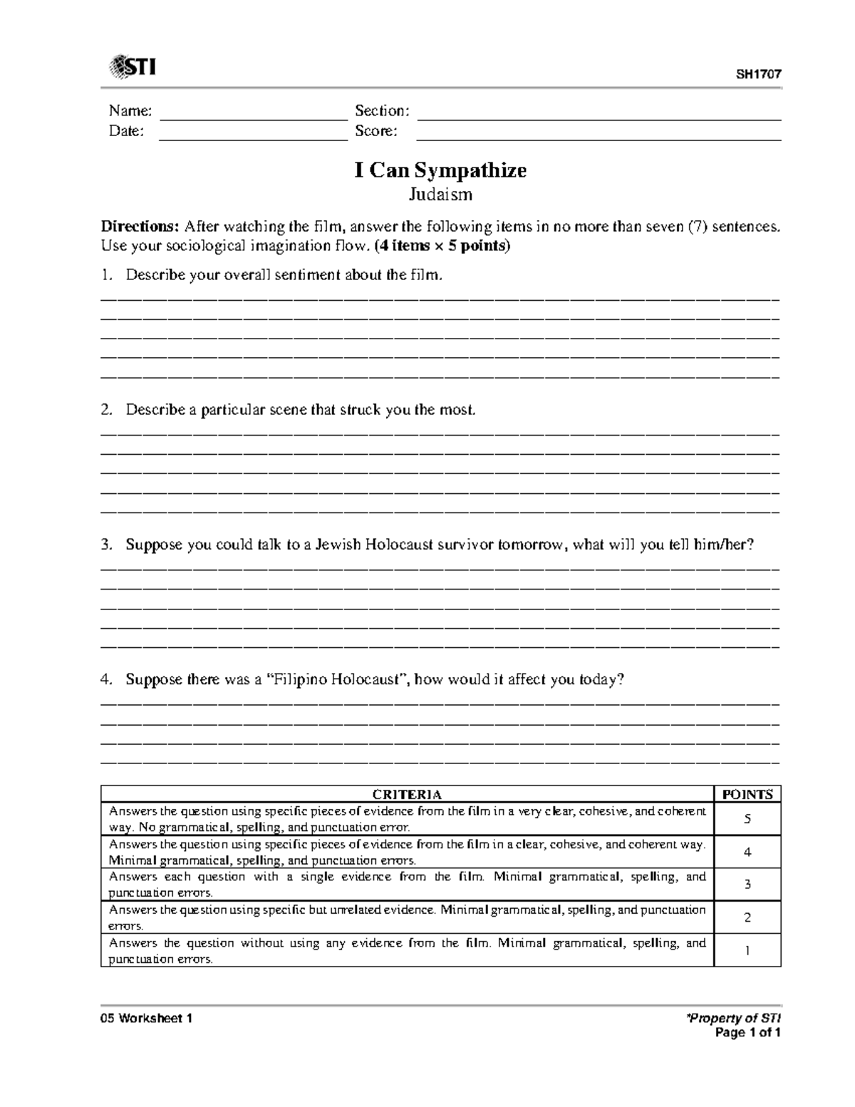 SH1707 - Intro to World Religion 05 Worksheet 1 - SH 05 Worksheet 1 ...