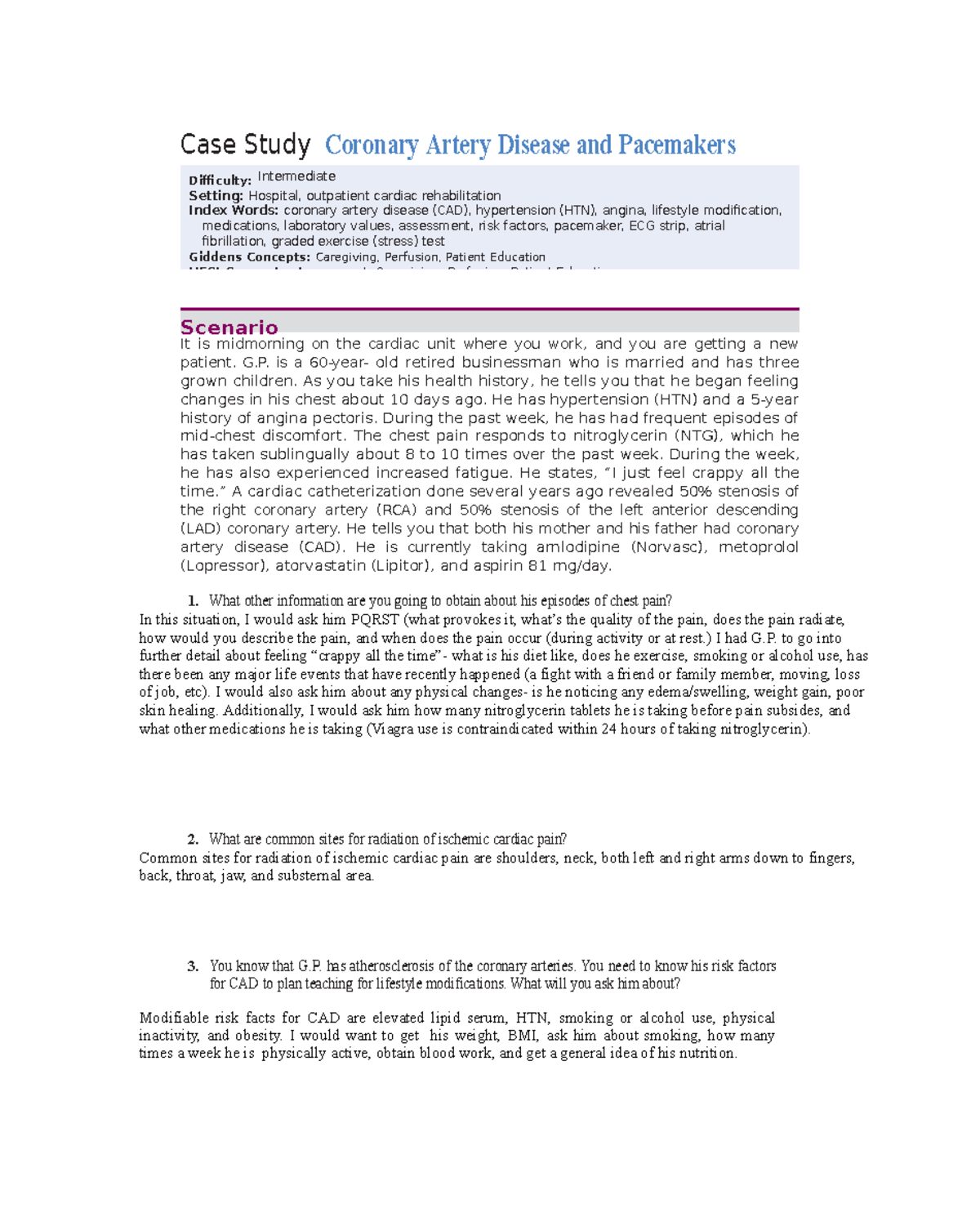CAD and Pacemakers - Scenario Case Study Coronary Artery Disease and ...