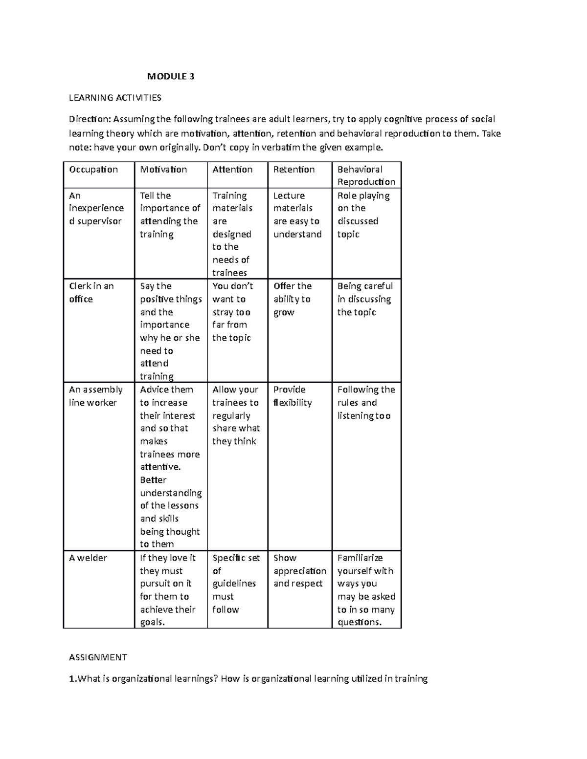 Module-3 - training and development - MODULE 3 LEARNING ACTIVITIES ...