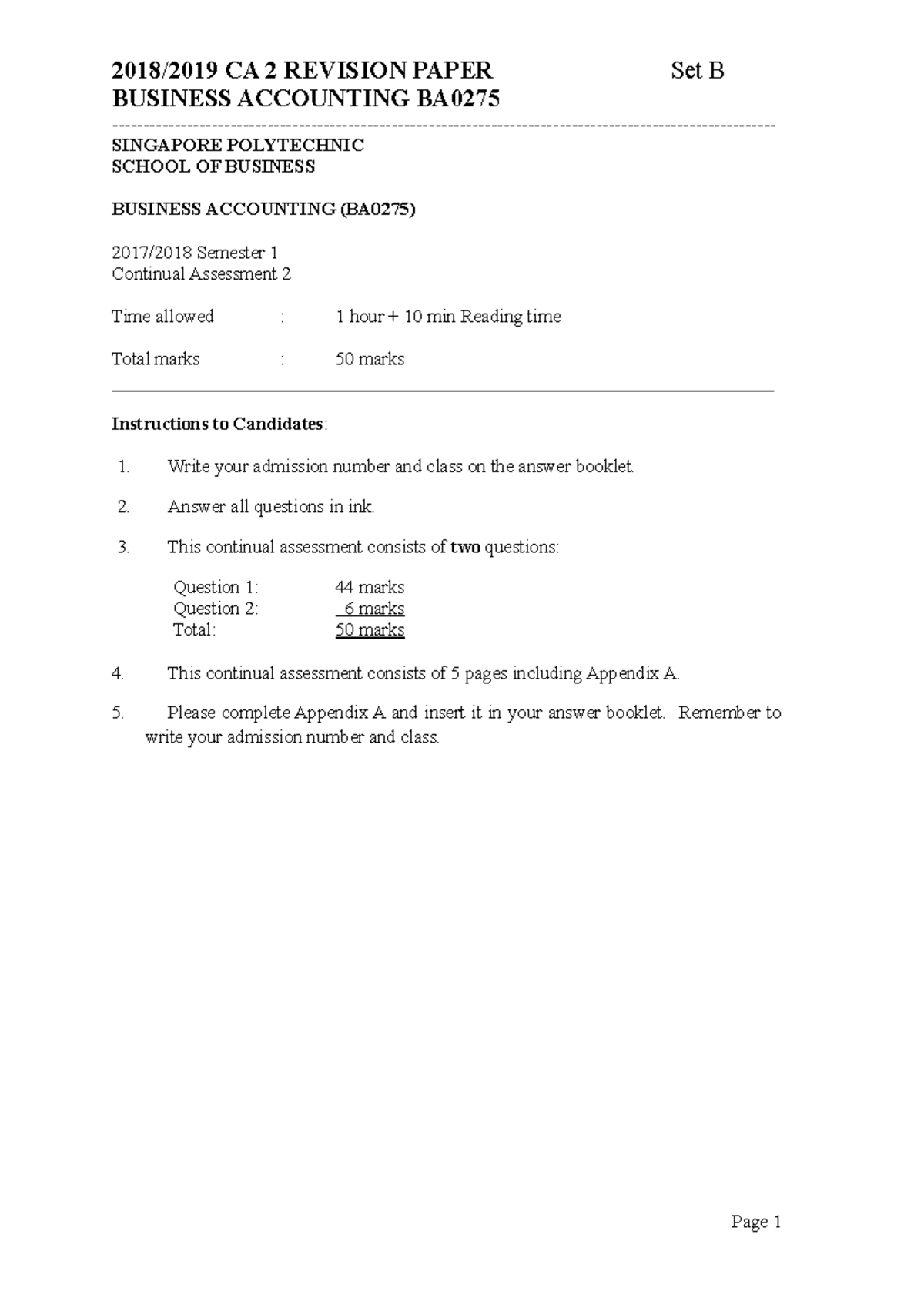 REVISION PAPER 1 BUSINESS ACCOUNTING BA SINGAPORE POLYTECHNIC