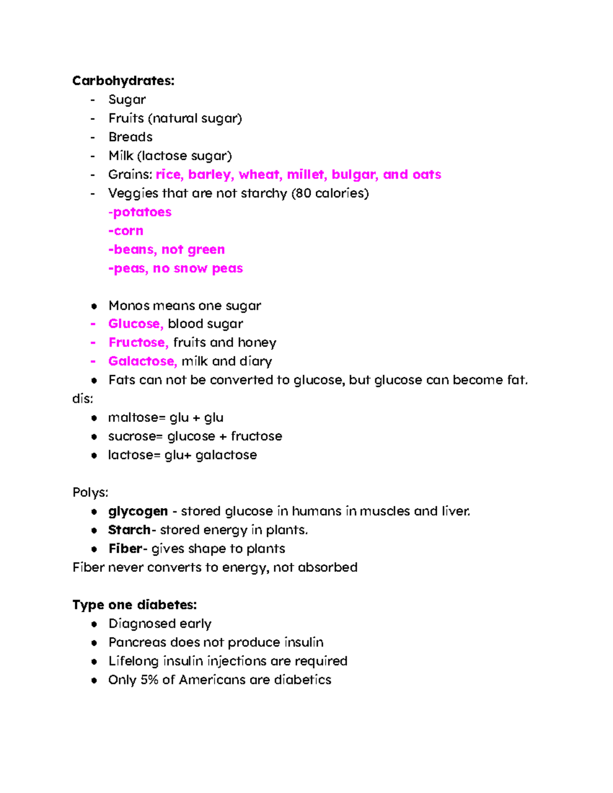 Diabetes Carbohydrates Sugar Fruits (natural sugar) Breads