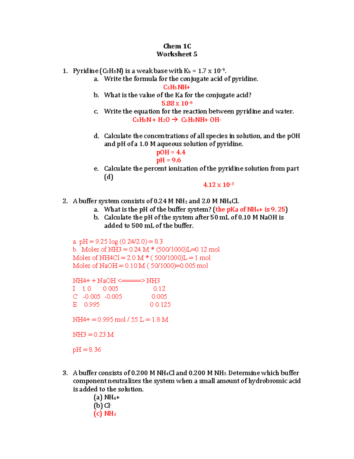 Chem 1C Worksheet Aq ionic Eq Answer Key - Chem 1C Worksheet 5 Pyridine ...