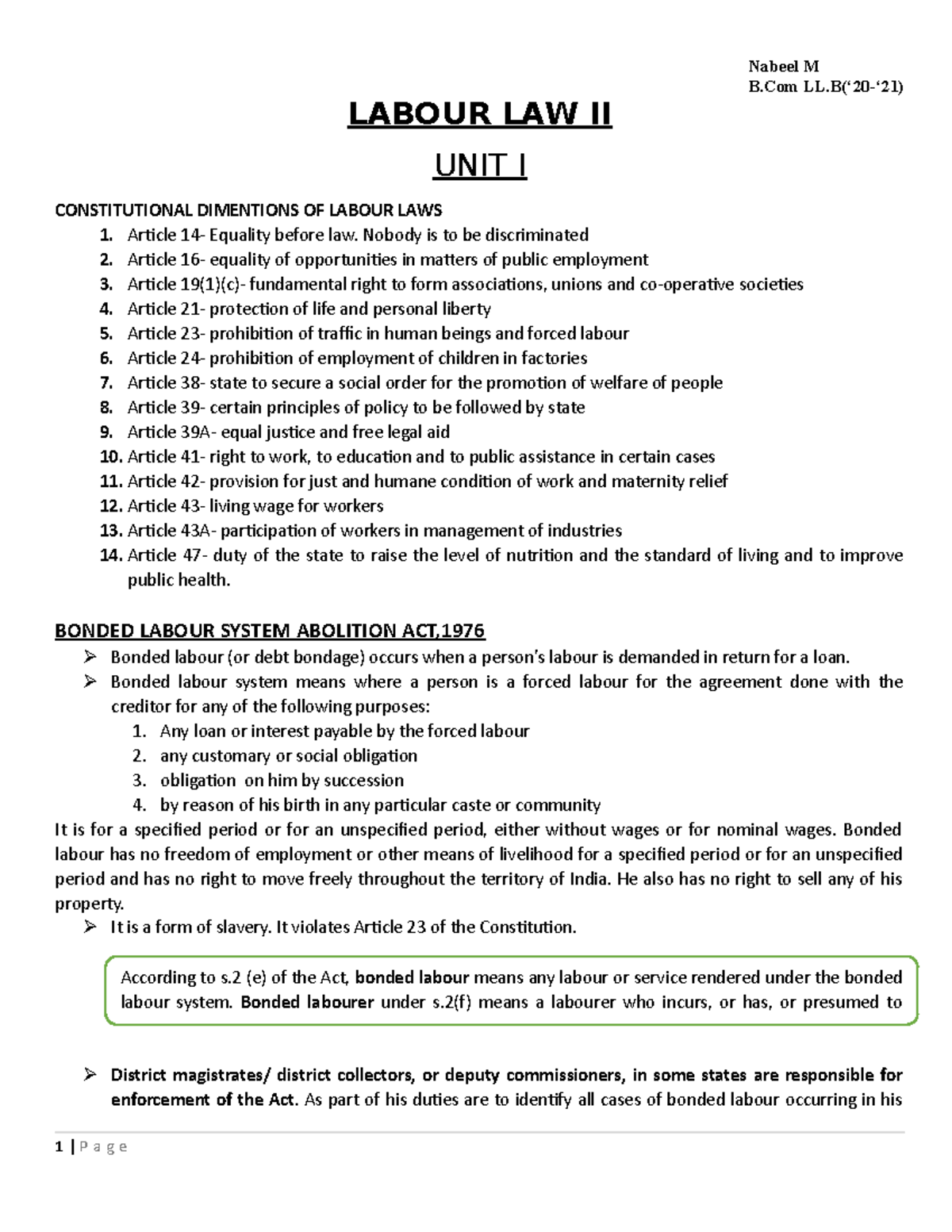 Labour Law 2 LL B B LL 20 21 LABOUR LAW II UNIT I CONSTITUTIONAL Labour Law 2 LL B B LL 20 21 LABOUR LAW II UNIT I CONSTITUTIONAL