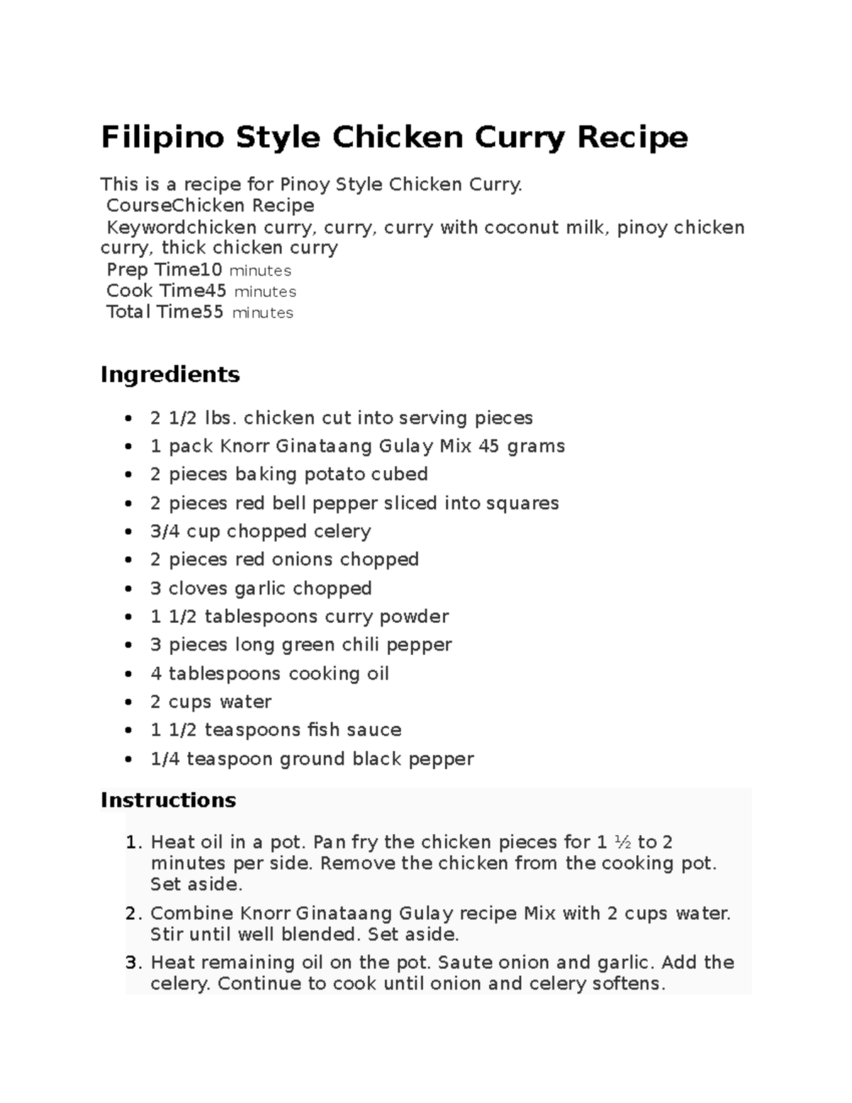 Curry Recipe Filipino Style Chicken Curry Recipe This is a recipe for