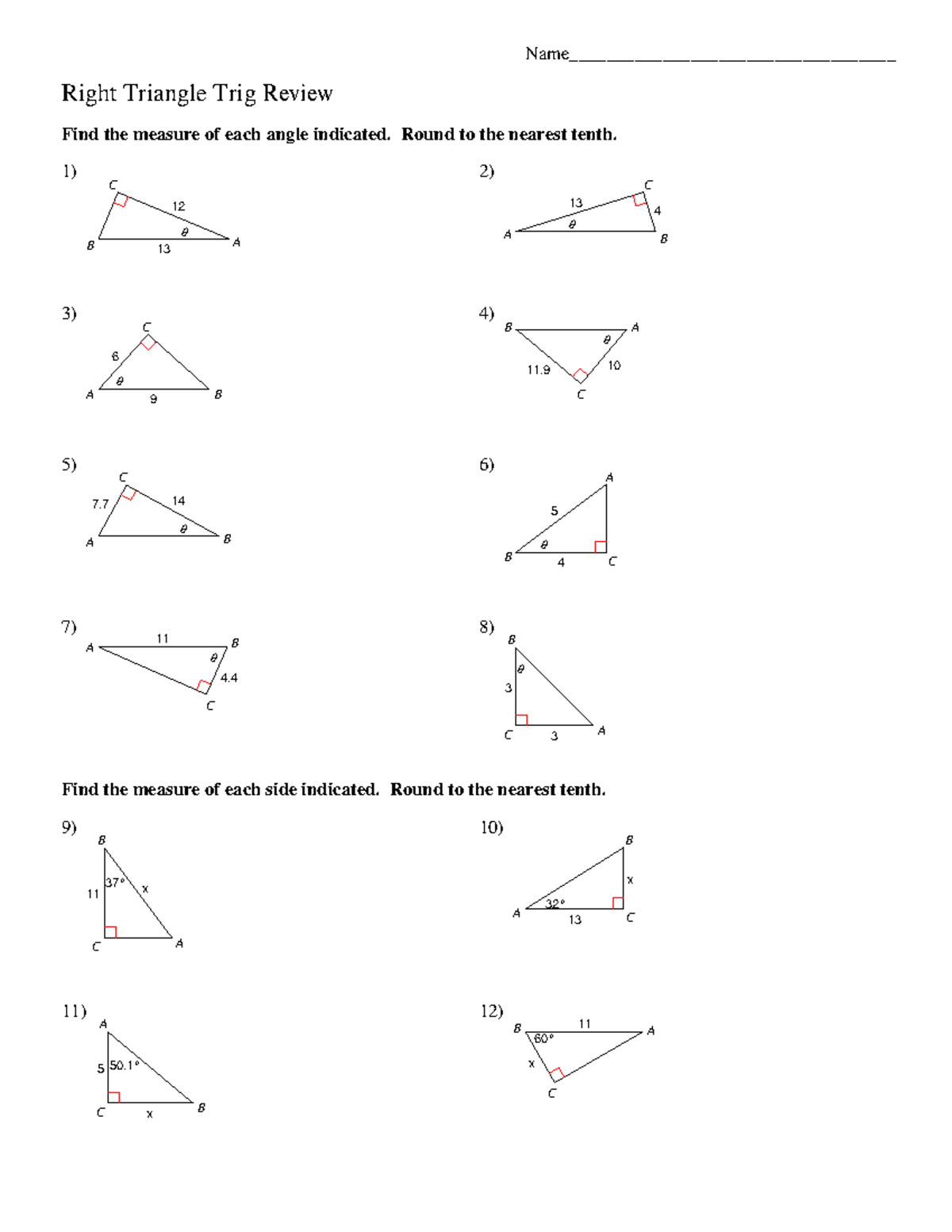10C Right Triangle Trig Review (w KEY) Name