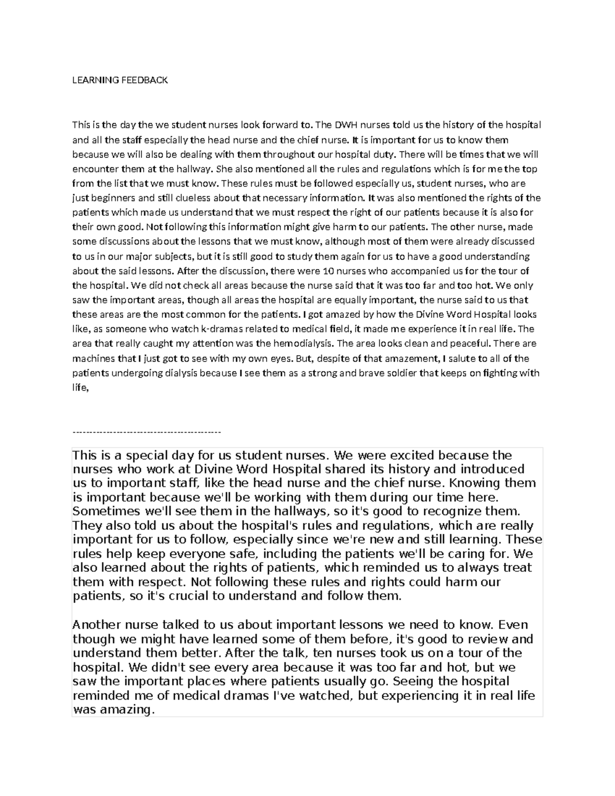 Learning Feedback - english - LEARNING FEEDBACK This is the day the we ...