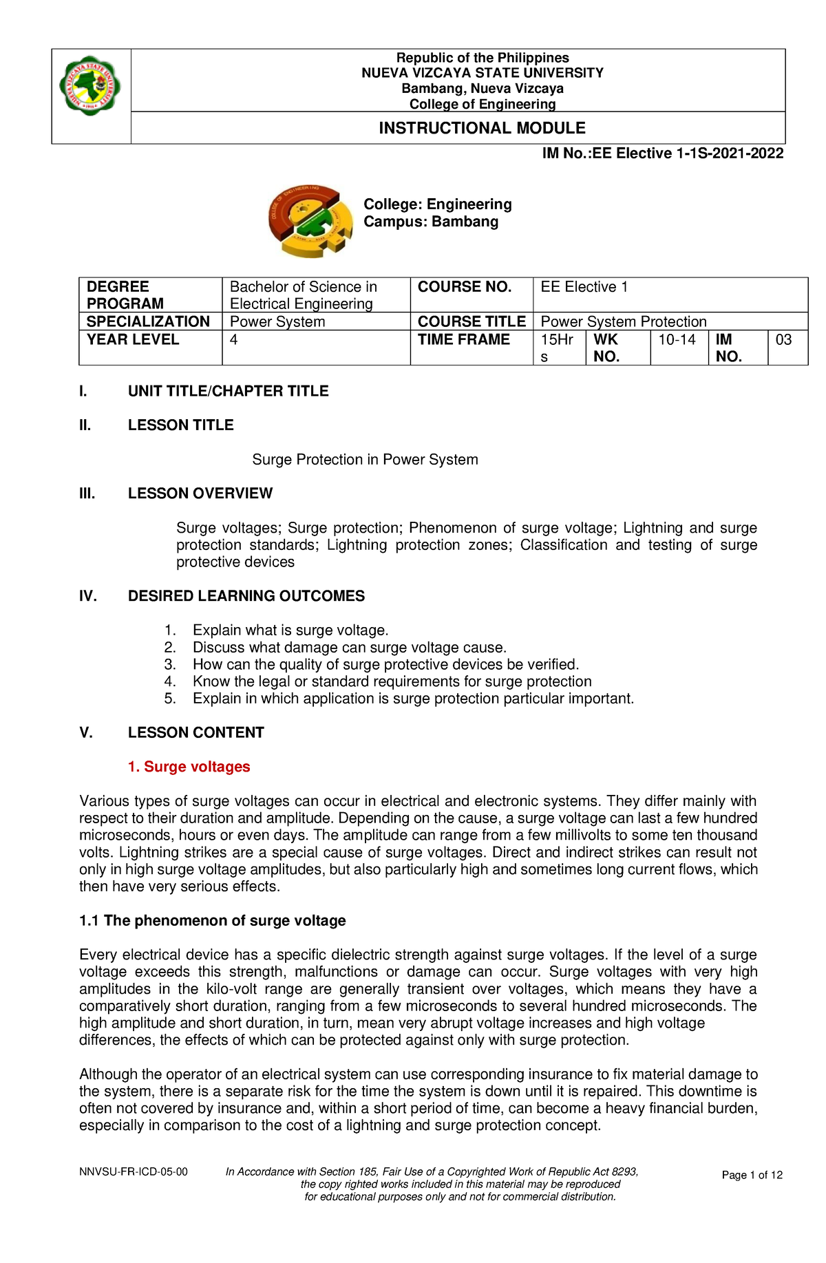 Surge Protection In Power System - Nueva Vizcaya State University 