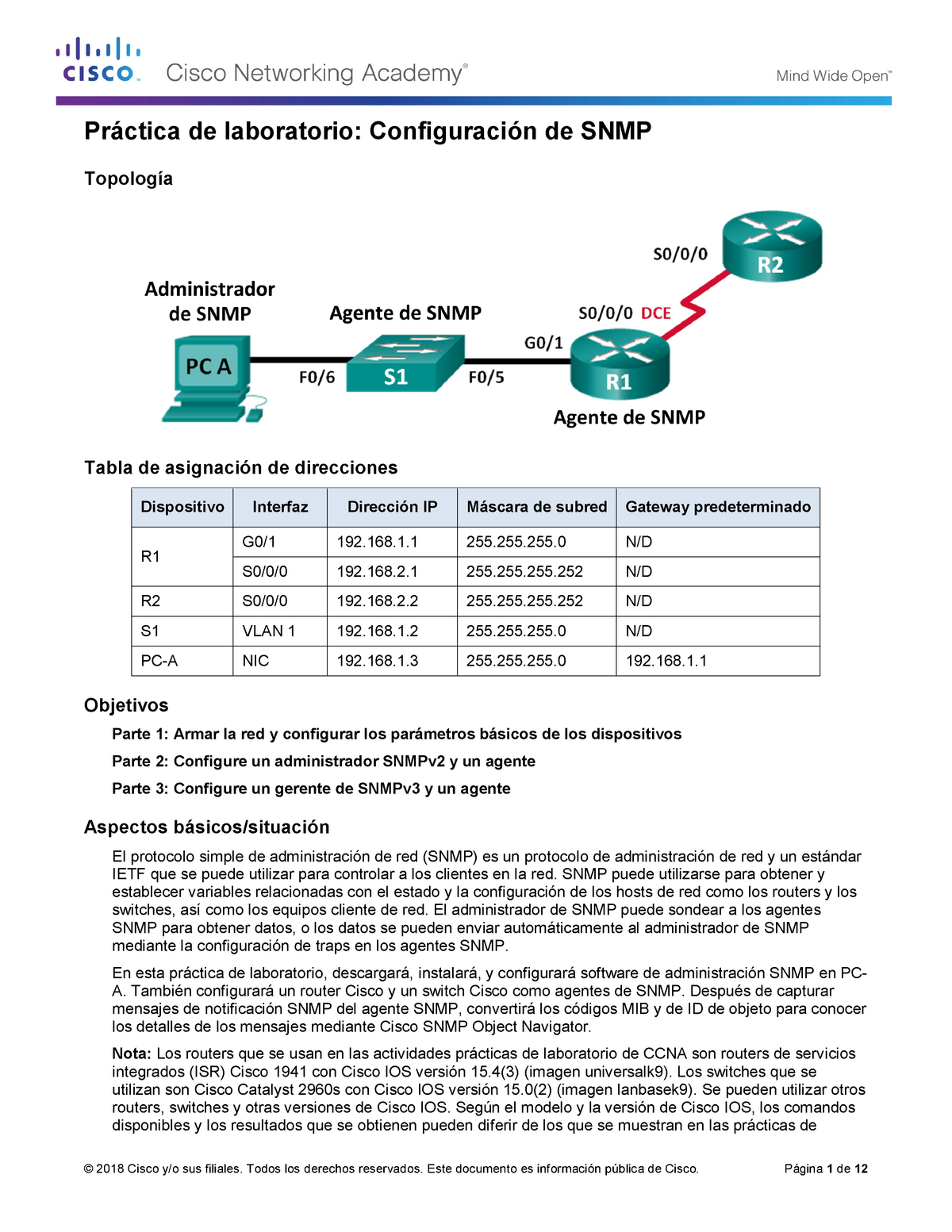 5226 Lab Configuring Snmp Topología Tabla De Asignación De Direcciones Dispositivo 4790