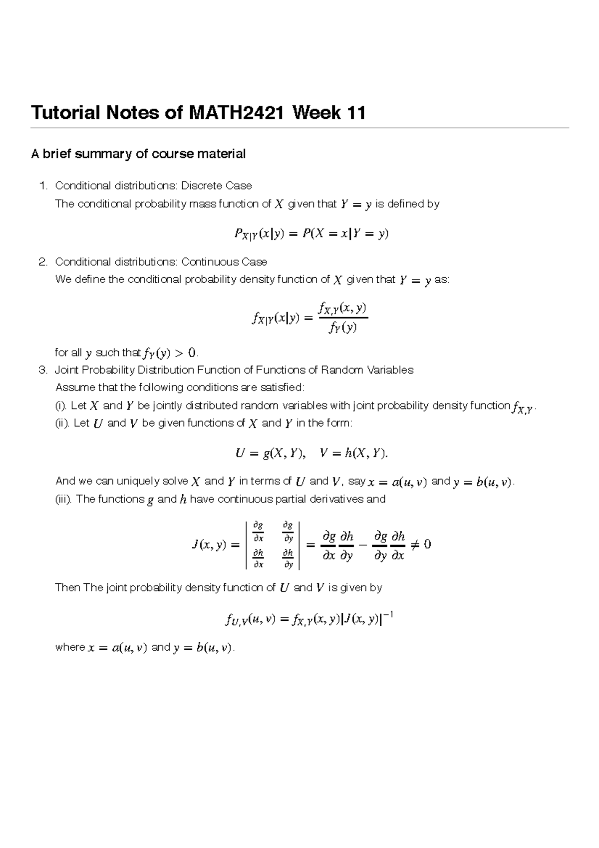 Ta Notes Week11 Bao Zhigang Tutorial Notes Of Math2421 Week 11 Brief Summary Of Course Material Conditional Distributions Discrete Case The Conditional Studocu