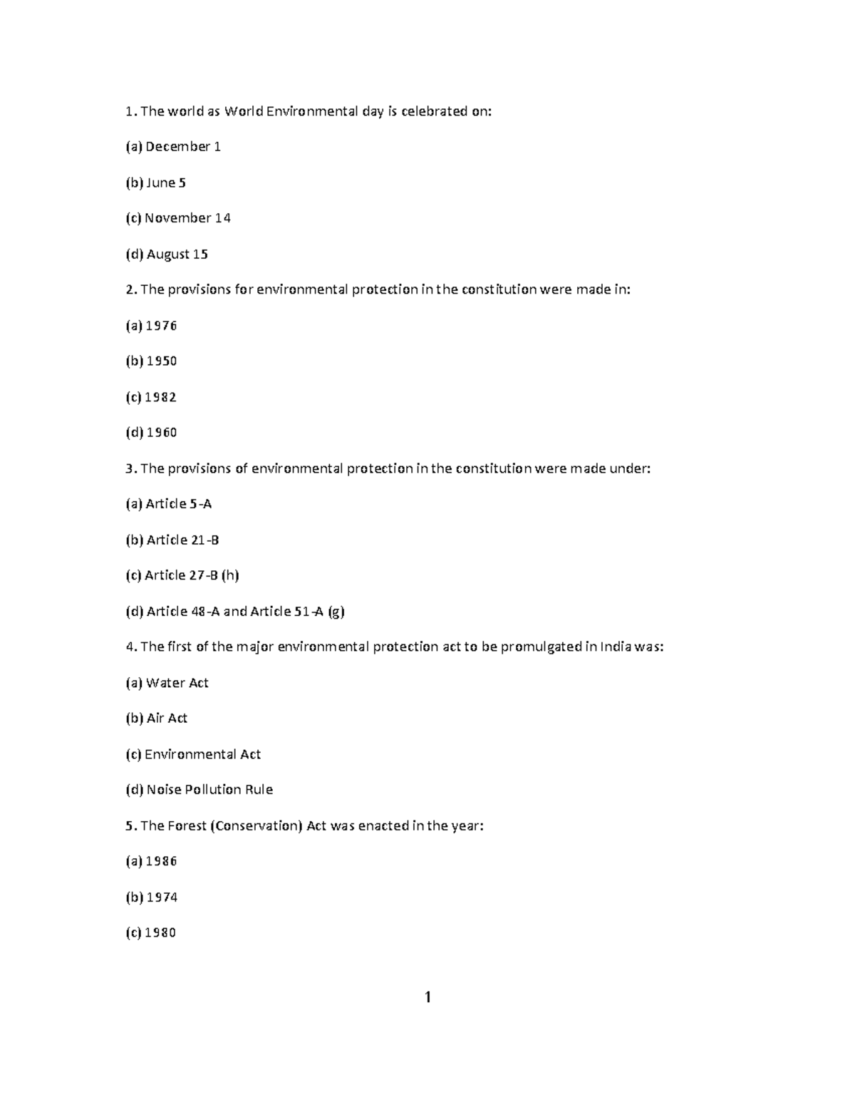 Environment Protection Act MCQ The world as World Environmental day