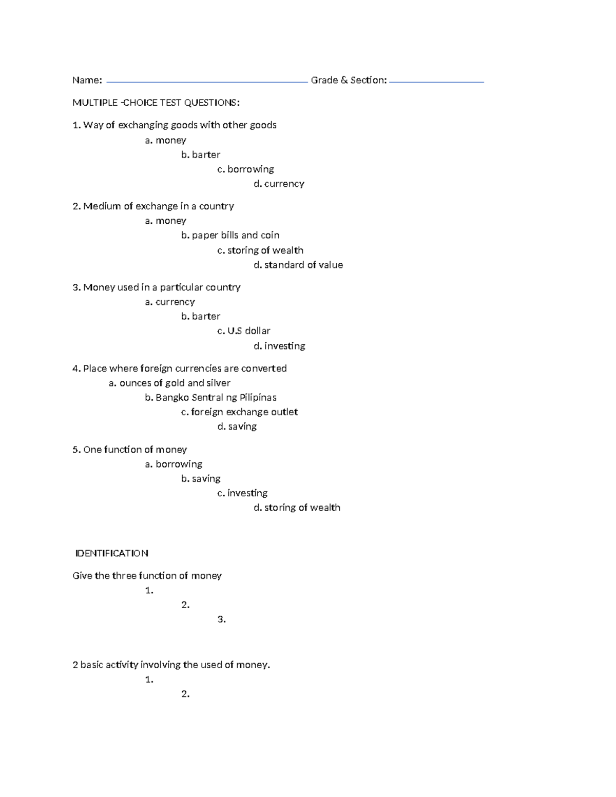 Grade-7-exam.docx ginalyn - Name: Grade & Section: MULTIPLE -CHOICE ...