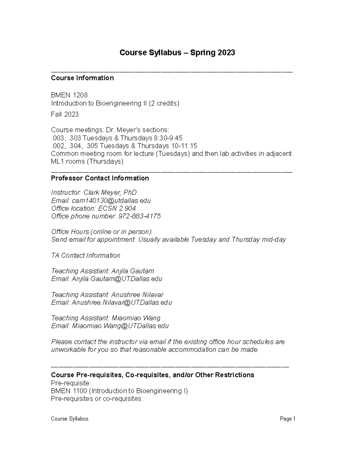 BMEN1208 Syllabus Spring 2023 V1 - Course Syllabus – Spring 2023 - Studocu