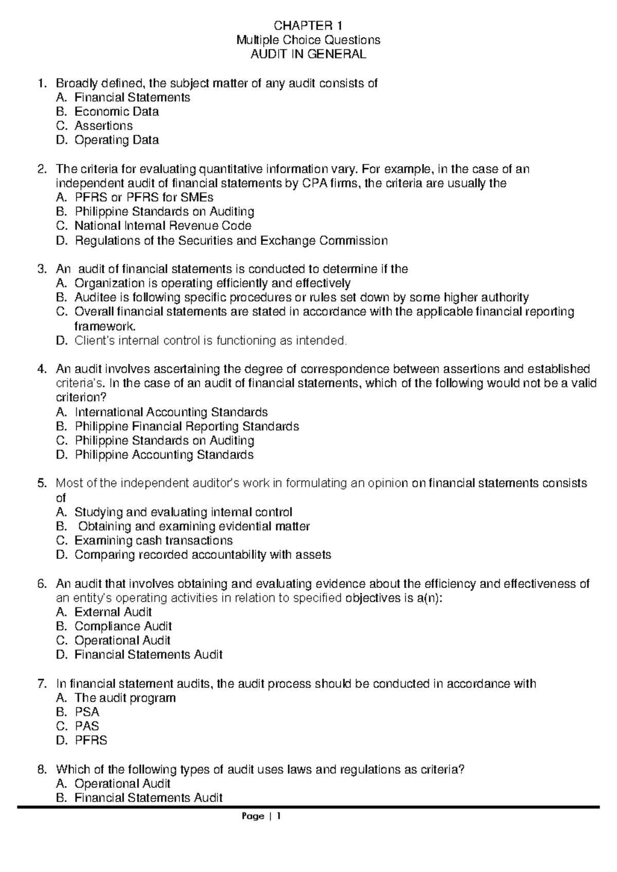 Quizzer Discussion AT - CHAPTER 1 Multiple Choice Questions AUDIT IN ...