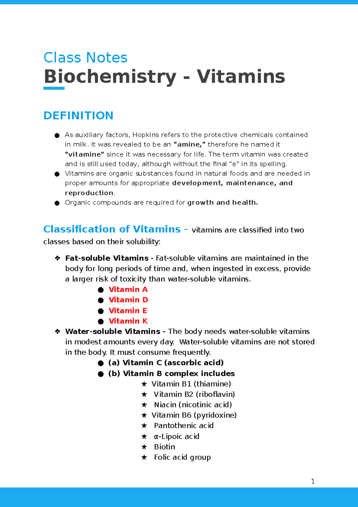 Notes Vitamins Class Notes Biochemistry Vitamins DEFINITION As