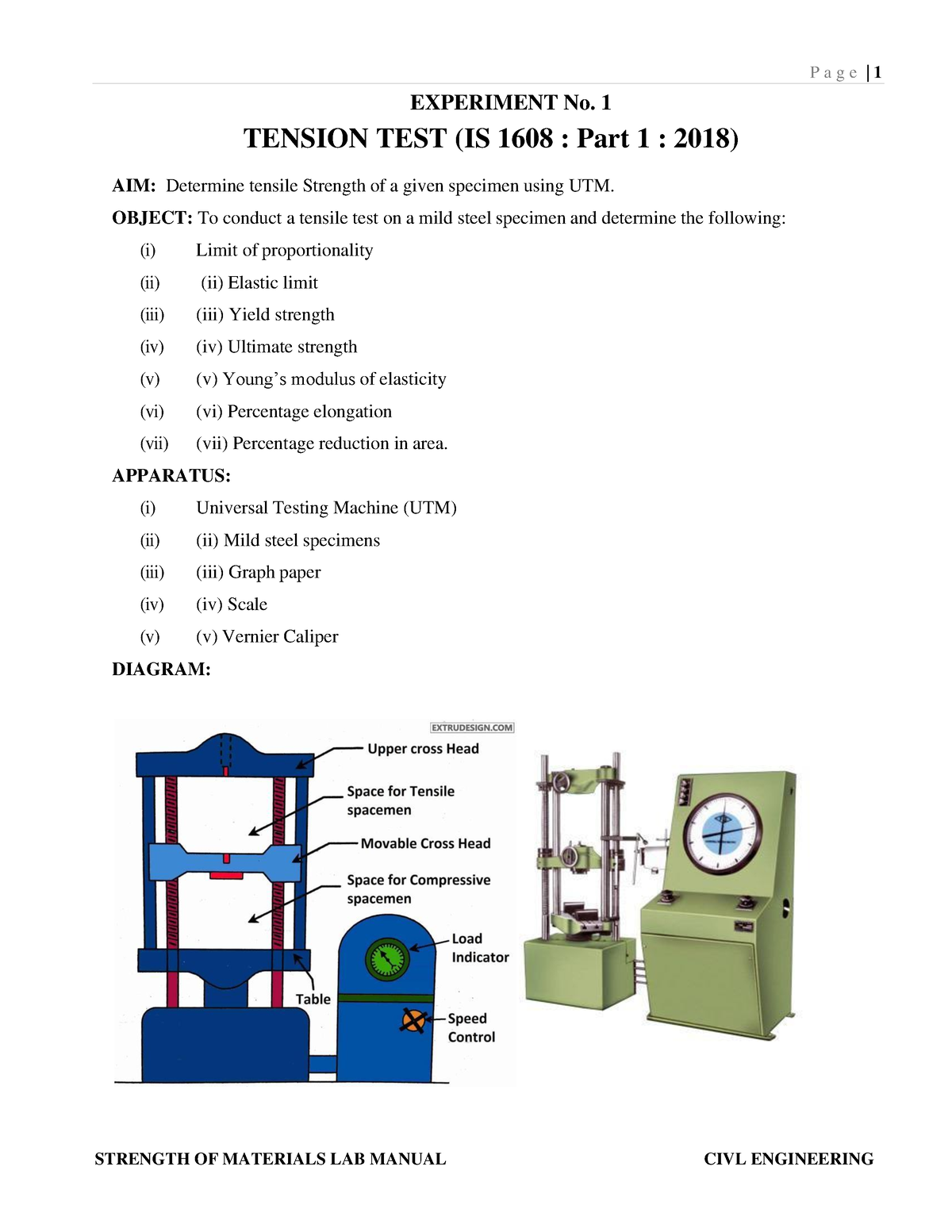 Strength Of Materials Lab Manual - EXPERIMENT No. 1 TENSION TEST (IS ...