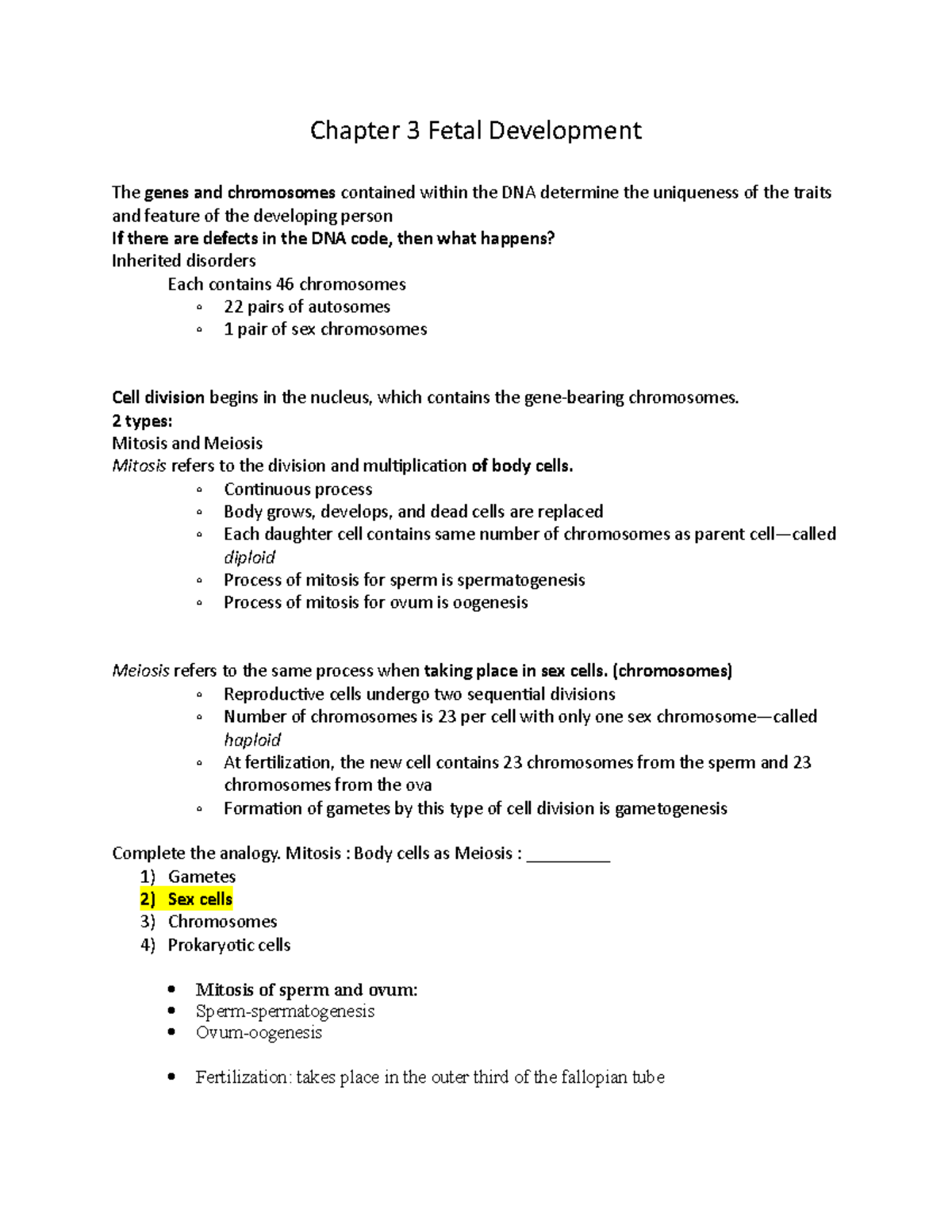 NRSG 112 chp 3 - Notes - Chapter 3 Fetal Development The genes and ...