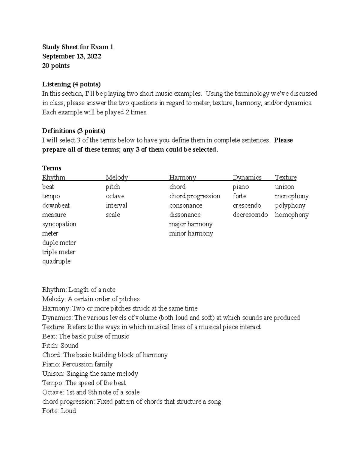 Study Sheet for Exam 1 - Using the terminology we’ve discussed in class ...