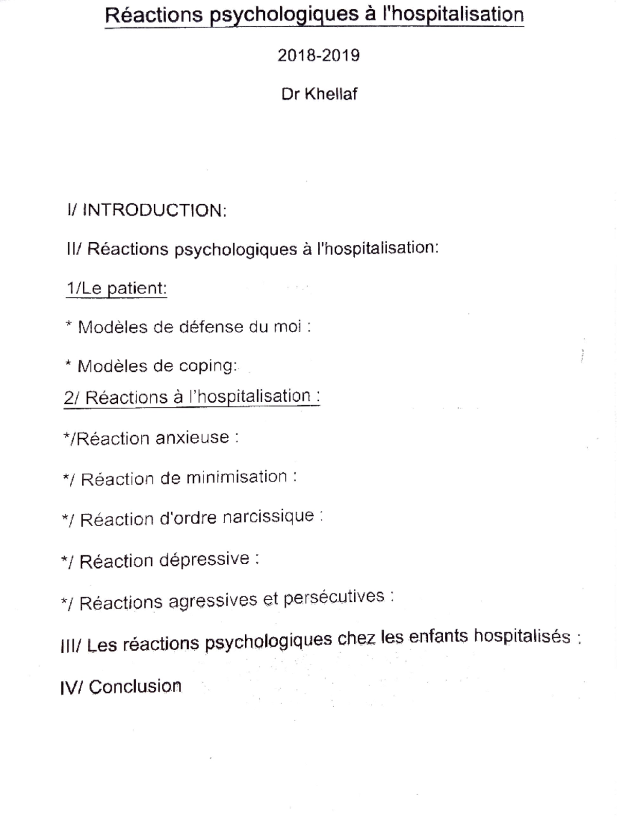 Réactions Psychologiques à L'hospitalisation - Médecine - Studocu