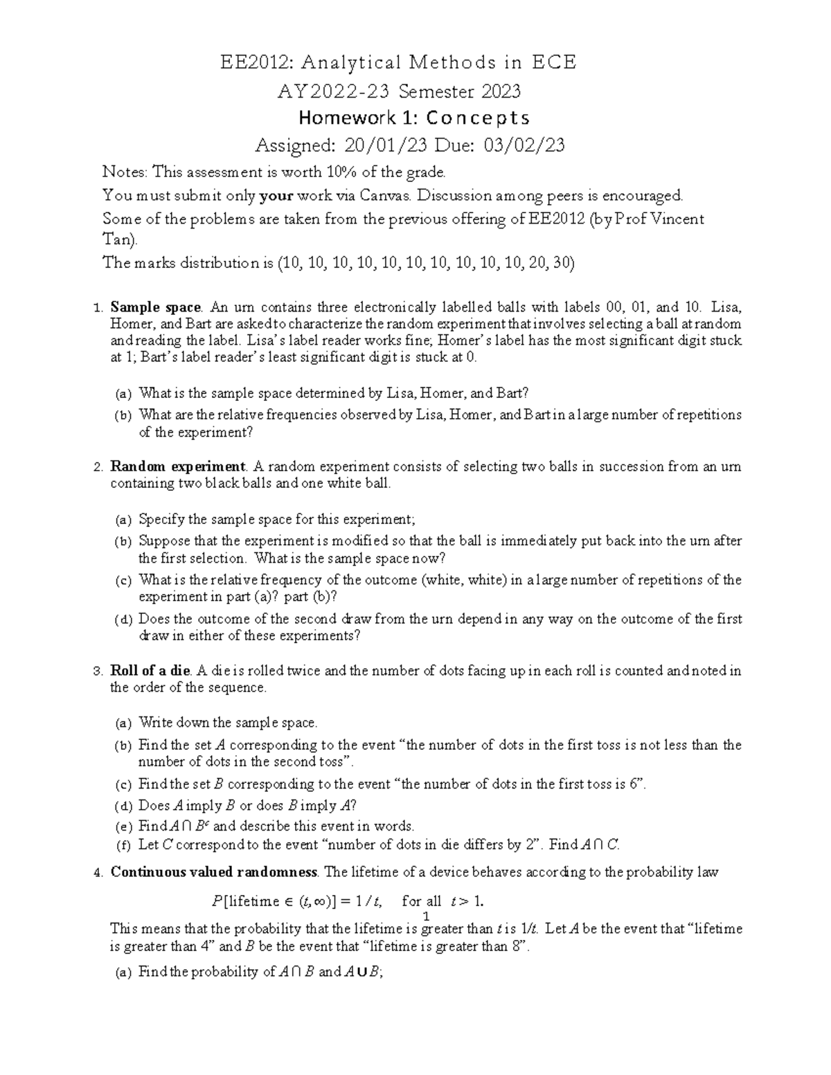 Homework #1 - 1 EE2012: Analytical Methods In ECE AY2022-23 Semester ...