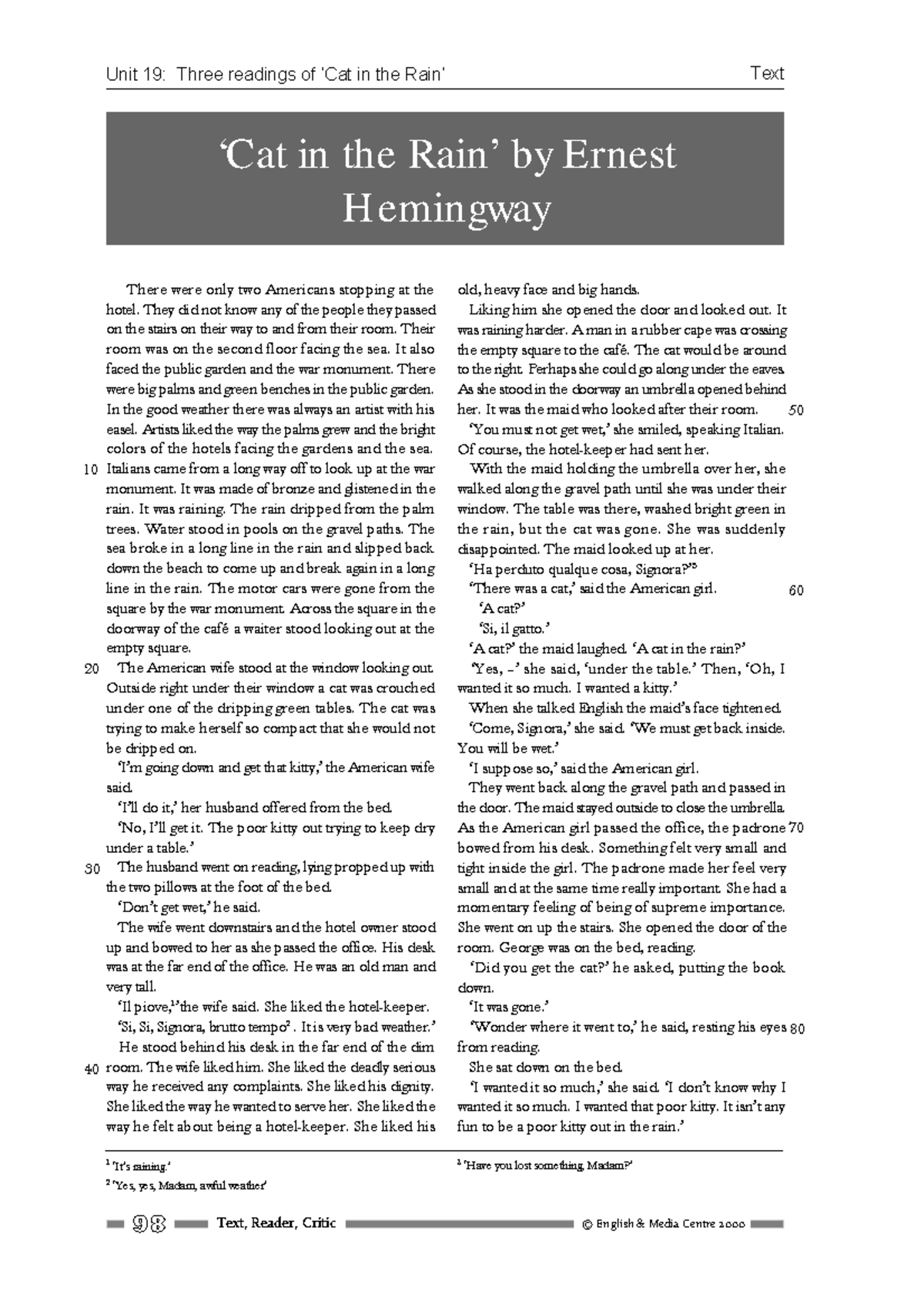 Cat in the rain - Short story - 98 Text, Reader, Critic © English ...