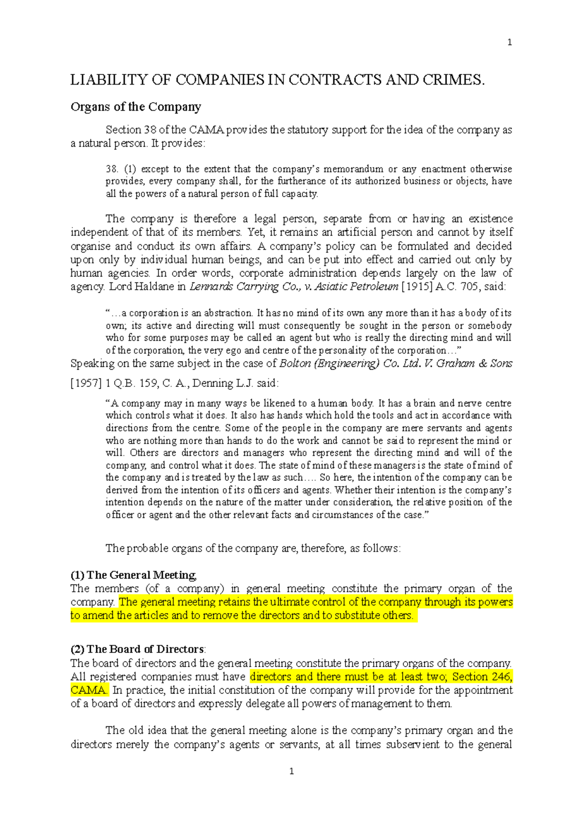 Company Law Class Material. Topic 9 - LIABILITY OF COMPANIES IN ...