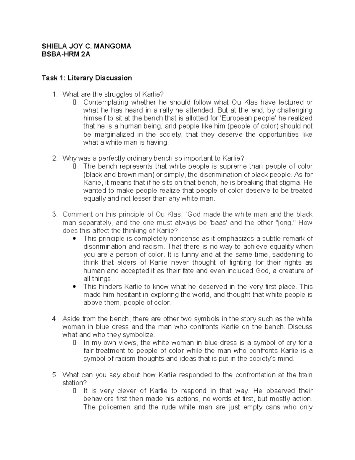 Discussion The-Bench-by-Richard-Rive - SHIELA JOY C. MANGOMA BSBA-HRM ...