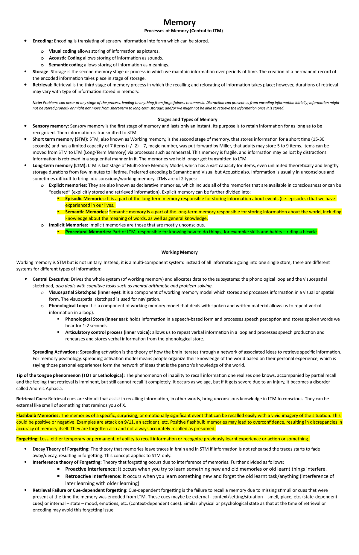 Memory Lecture Notes - Memory Processes of Memory (Central to LTM ...