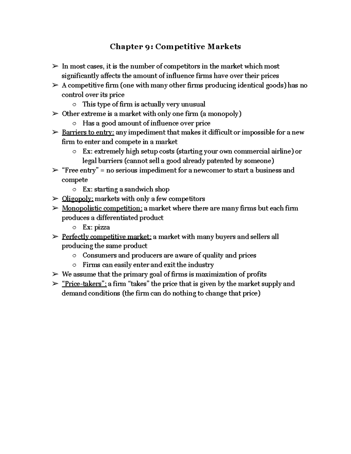 Chapter 9- Competitive Markets - ECON 1020-01 - Vandy - Studocu