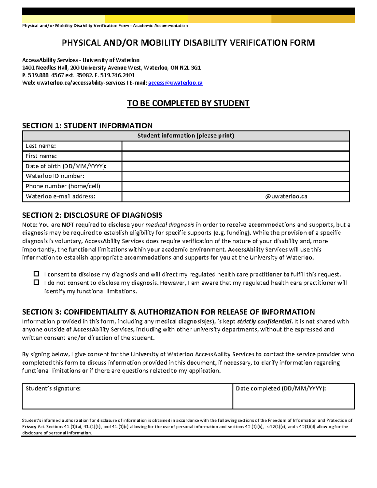 Physical mobility disability verification form - PHYSICAL AND/OR ...