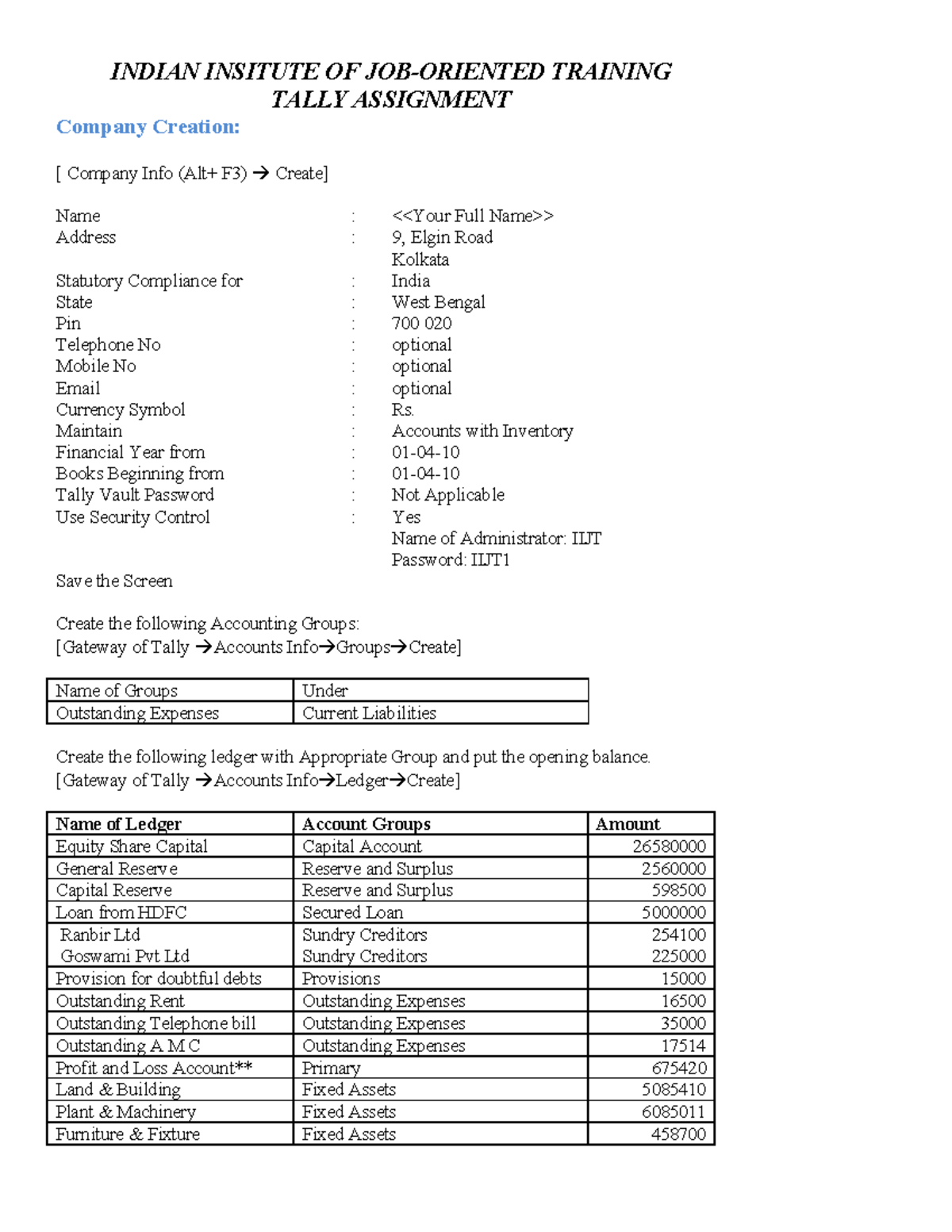 practical assignment for tally.erp 9