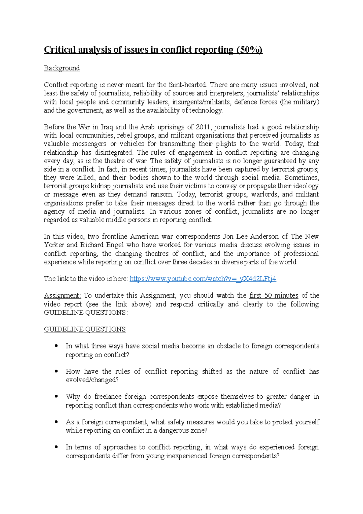JOUR2221 ( Assessment TASK - Critical Analysis of Issues in Conflict ...