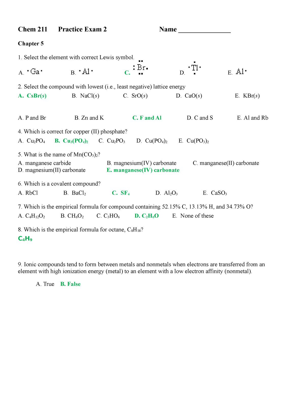 Chem 211 Spring 2021 Practice Exam 2 - Shvartsburg - Chem 211 Practice 