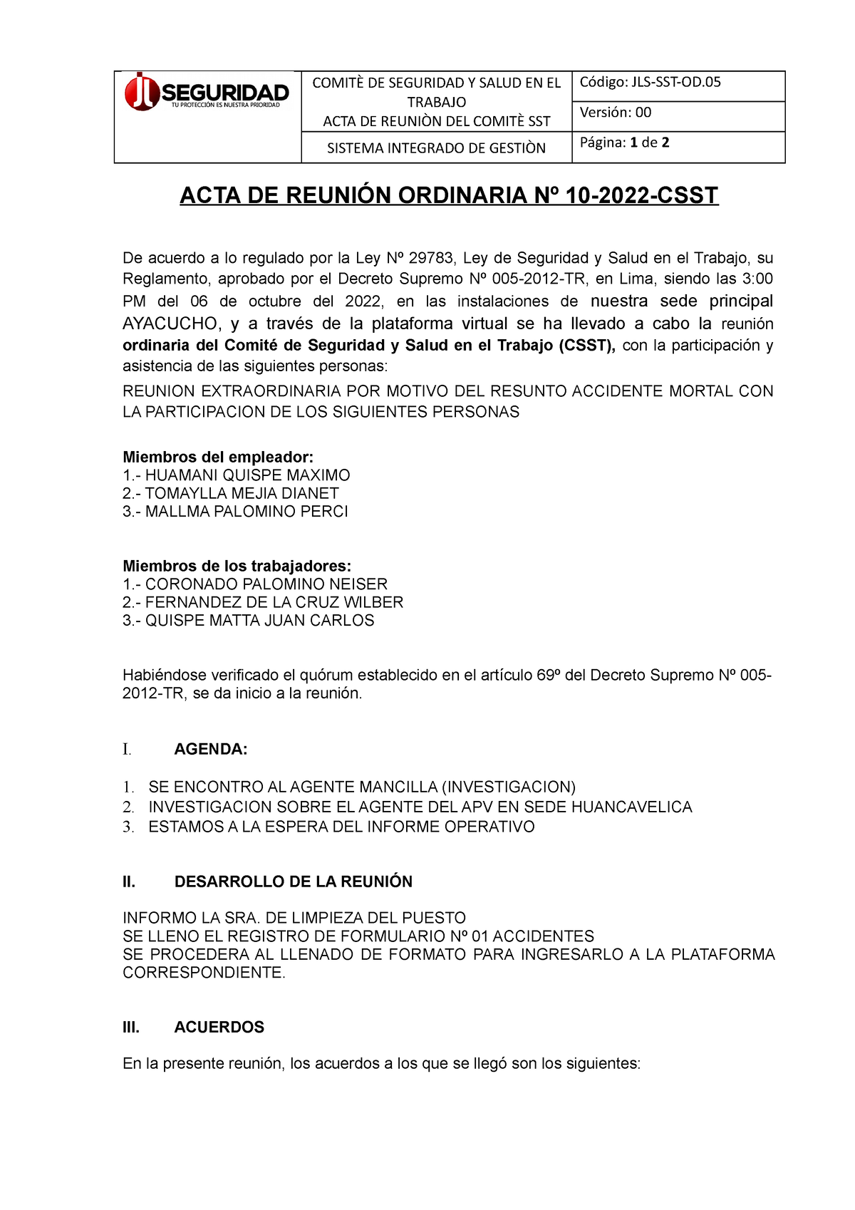 4. Acta mensual de Comite SST - COMITÈ DE SEGURIDAD Y SALUD EN EL ...