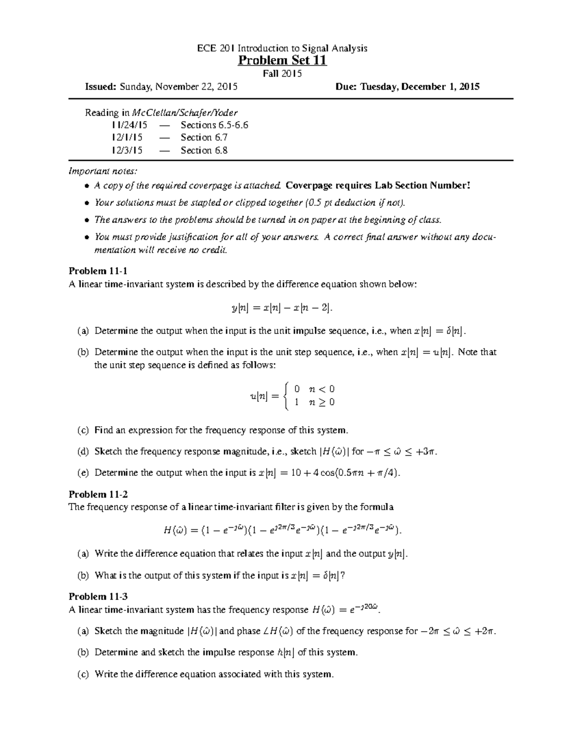 Problem Set 11 - 2015 - ECE 201 Introduction to Signal Analysis Problem ...