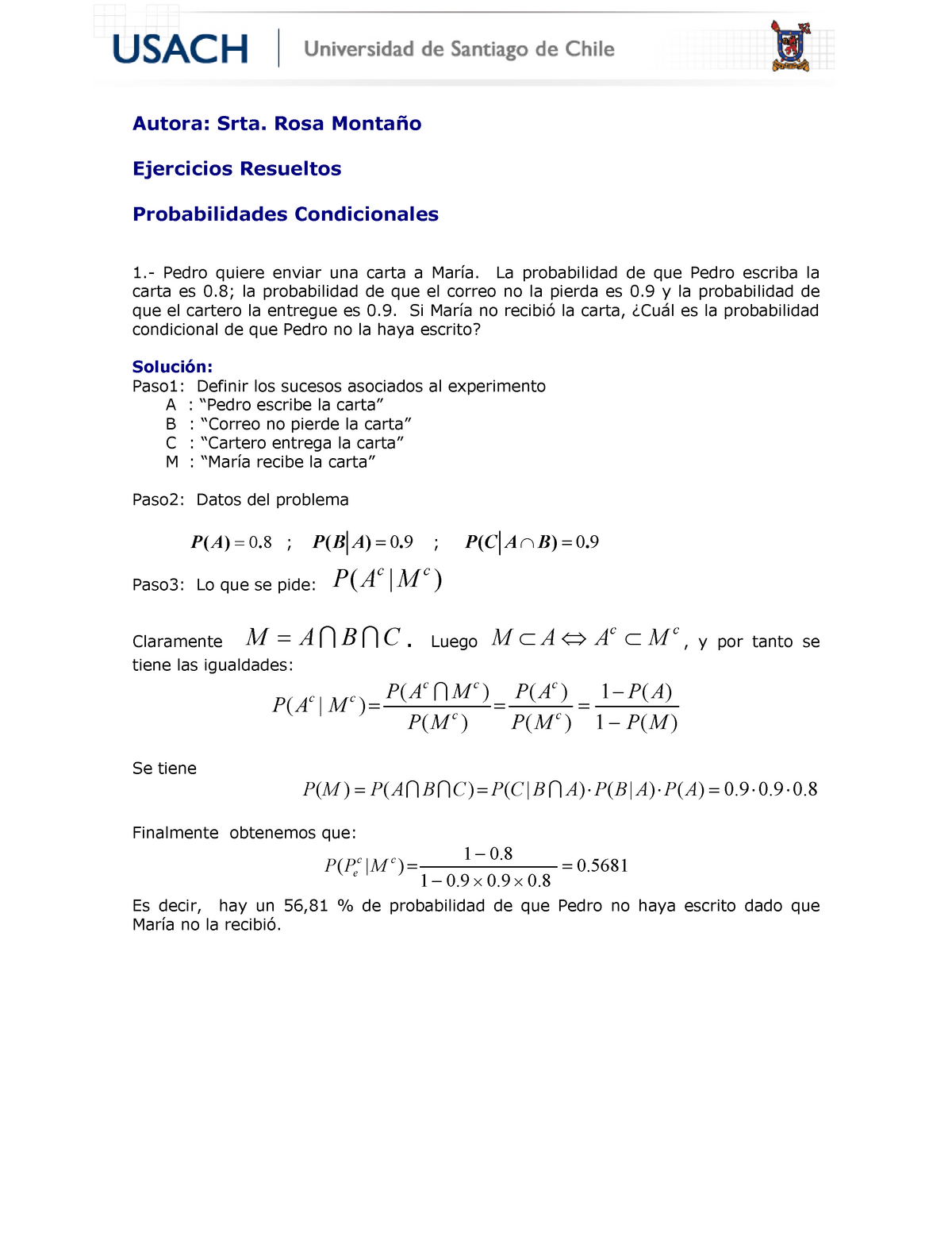 Ejercicios Resueltos - Probabilidad Condicional - Autora: Srta. Rosa ...