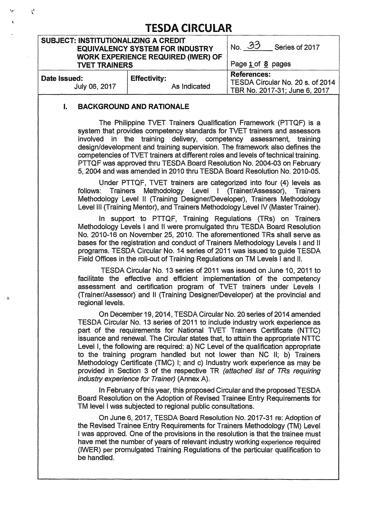 Tesda Circular 033-2017 - TESDA CIRCULAR SUBJECT: INSTITUTIONALIZING A ...