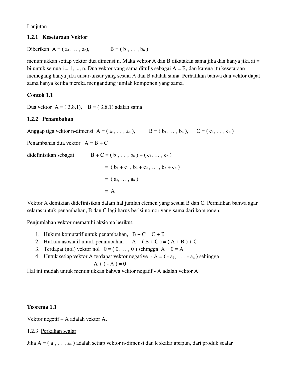 Catatan BAB 2 VEKTOR - Lanjutan 1.2 Kesetaraan Vektor Diberikan A = ( A ...