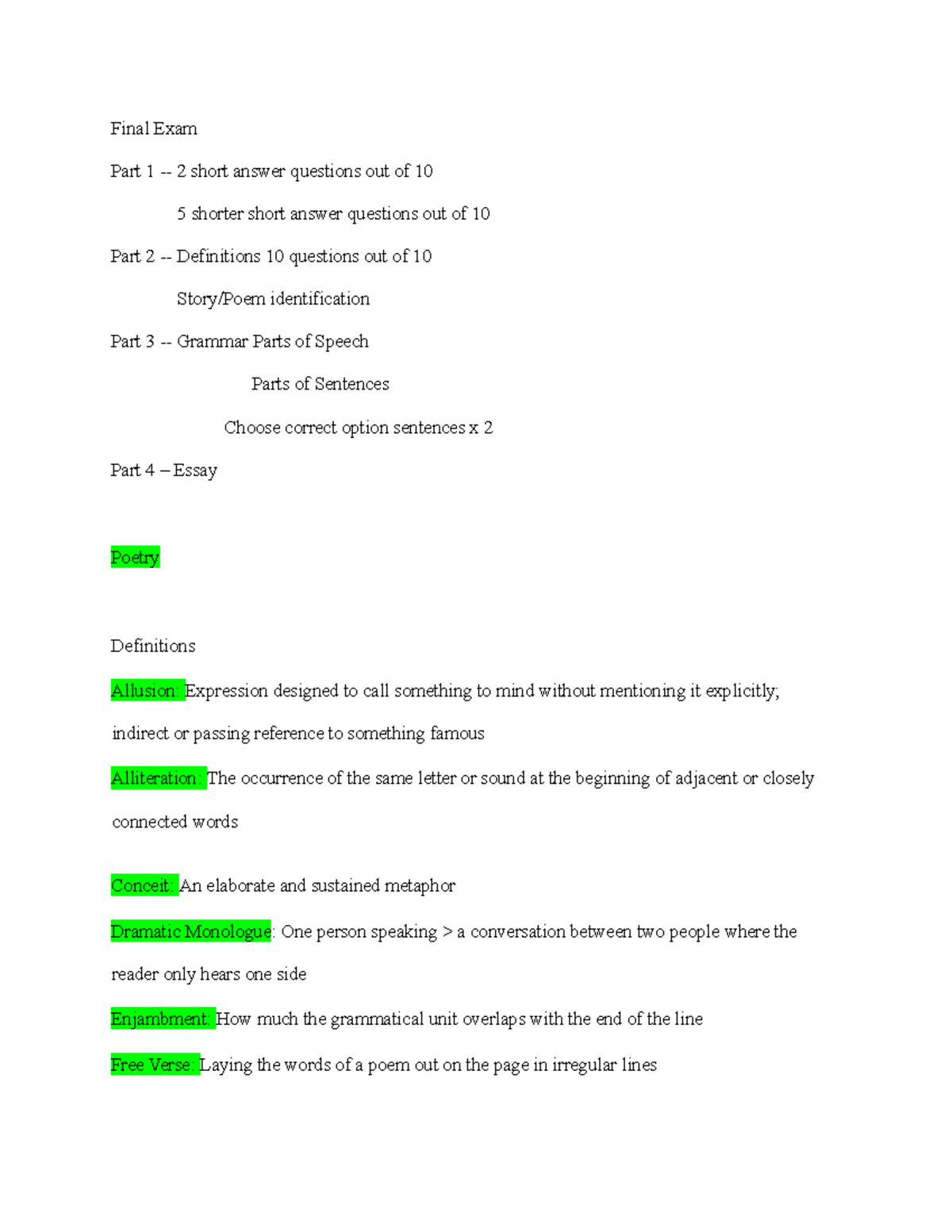 English 100 Final Exam Study Guide 2021 Final Exam Part 1 2 short