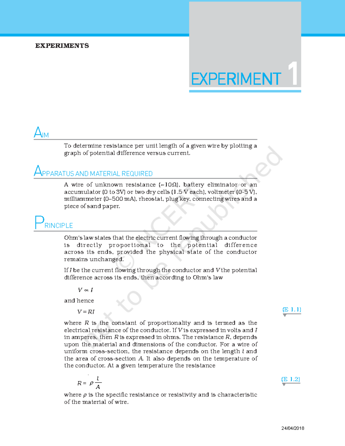 experiment to determine the resistance of a metallic conductor