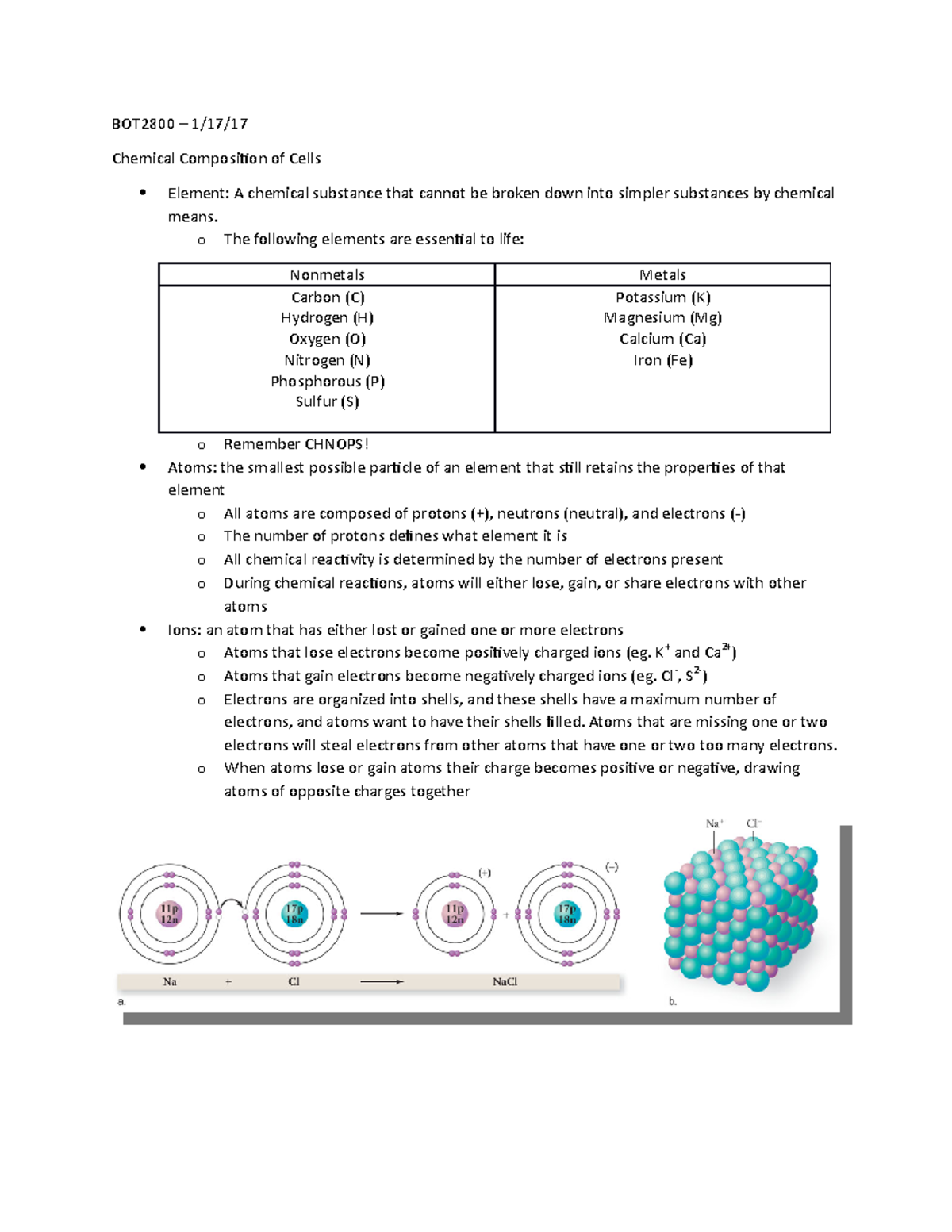 1 17 17 chemistry - Lecture notes 1 - BOT2800 – 1/17/17 Chemical ...