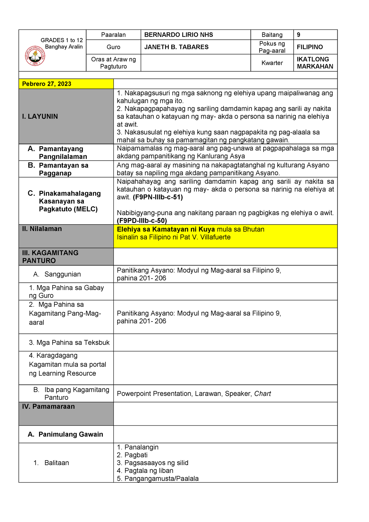 4As Banghay-Aralin Elehiya - GRADES 1 To 12 Banghay Aralin Paaralan ...