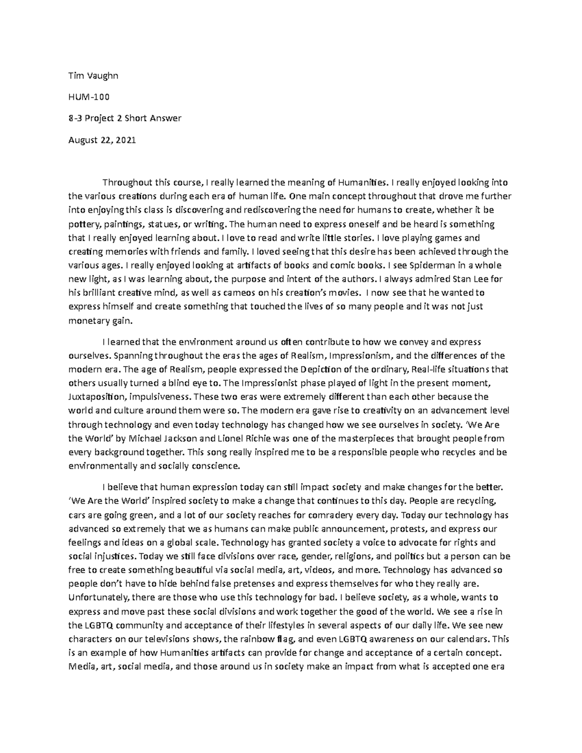 HUM 100 8-3 Project 2 Short Answer - Tim Vaughn HUM- 8-3 Project 2 ...