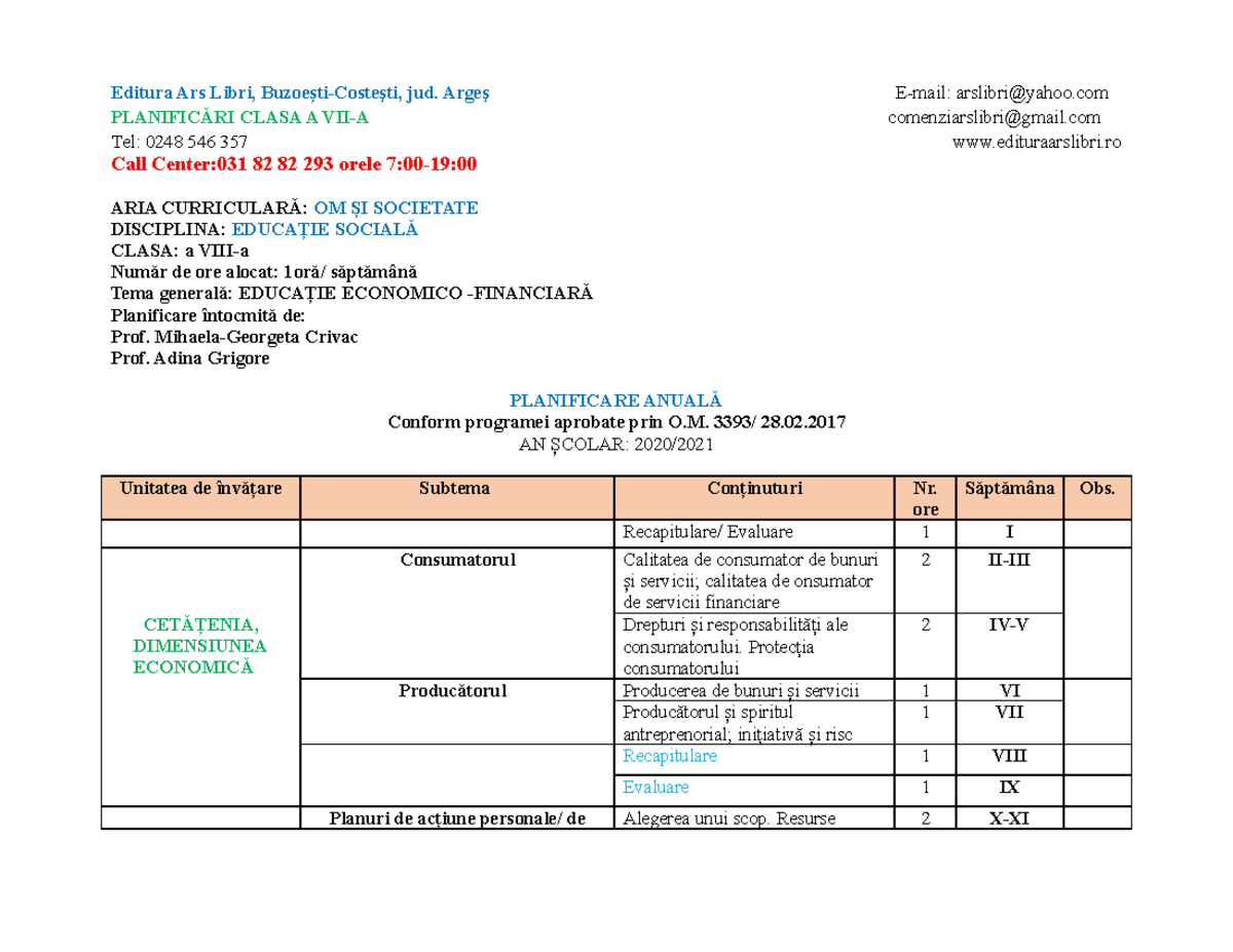 8 Ed-sociala-anuala Unitati ARS- Libri - PLANIFICĂRI CLASA A VII-A ...