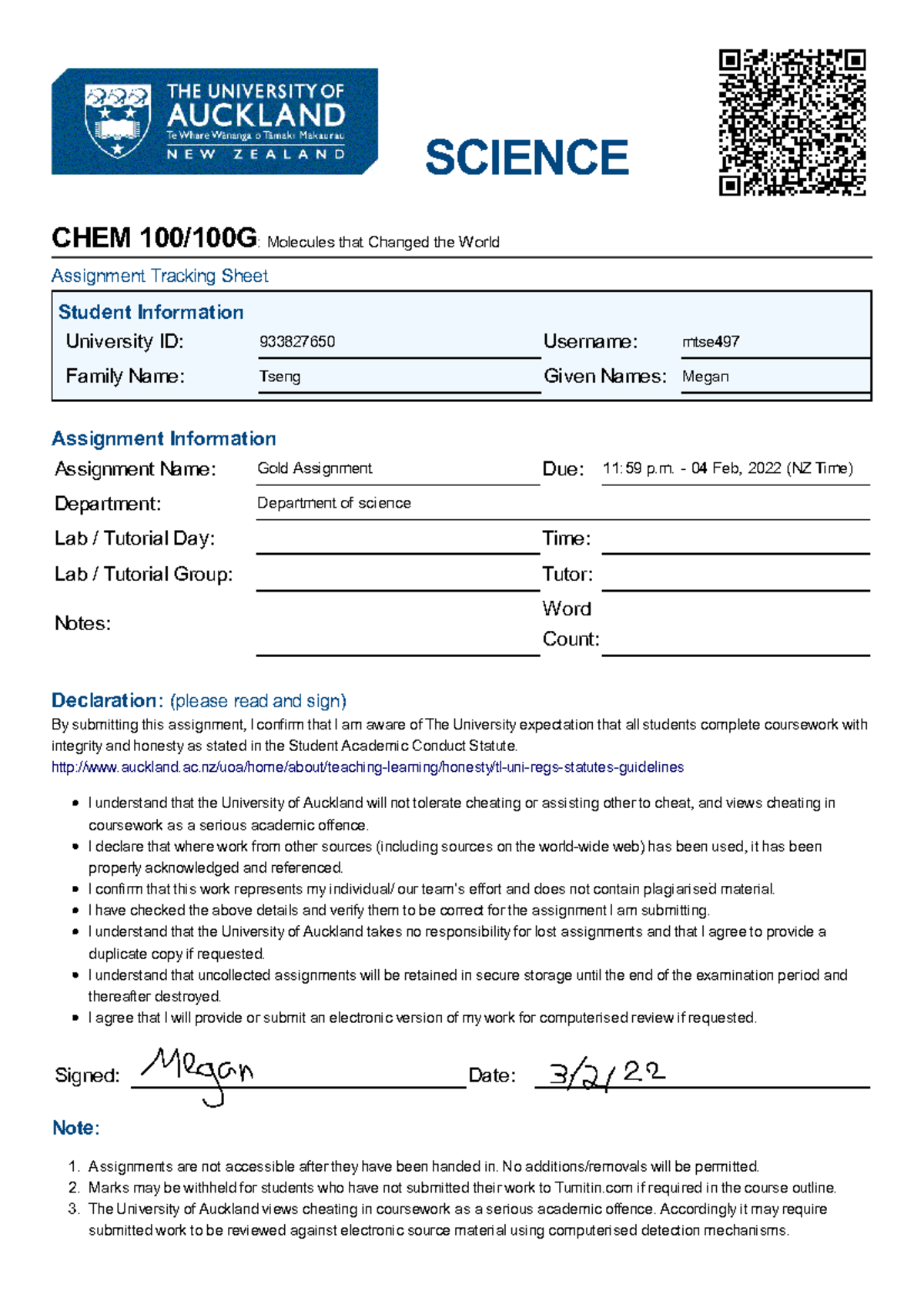 CHEM 100100 G - Gold Assignment cover sheet-combined - SCIENCE CHEM 100 ...