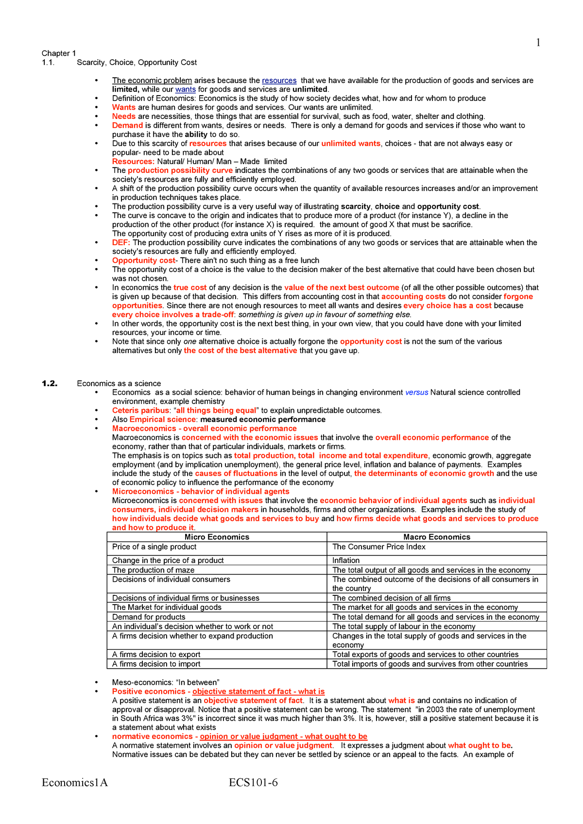 ECS1016 Study notes 2 - Chapter 1 Scarcity, Choice, Opportunity Cost ...