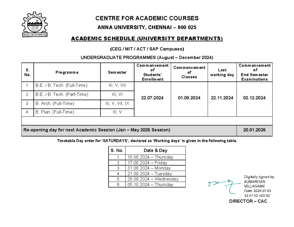 UG - Odd Sem (Aug - Dec 2024 session) - Academic Schedule - CENTRE FOR ...
