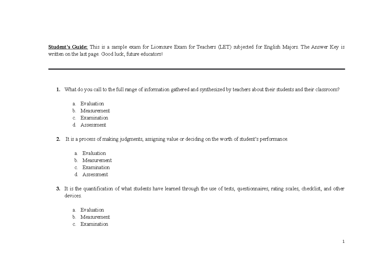 Sample Examination for LET - Student’s Guide: This is a sample exam for ...